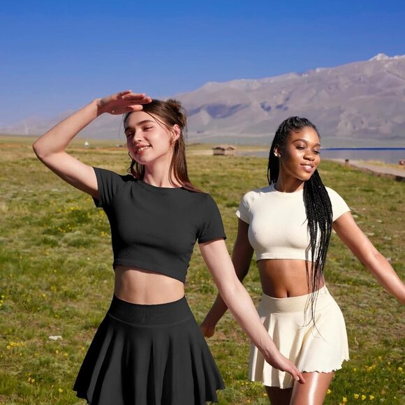 Women Mini Skirts 2 in 1 Flowy Basic Versatile Stretchy Flared Casual A-line Ski - Picture 2 of 6